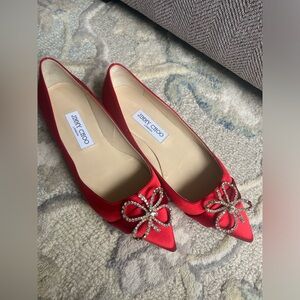 Like New Red Jimmy Choo Flats with Rhinestone Bow